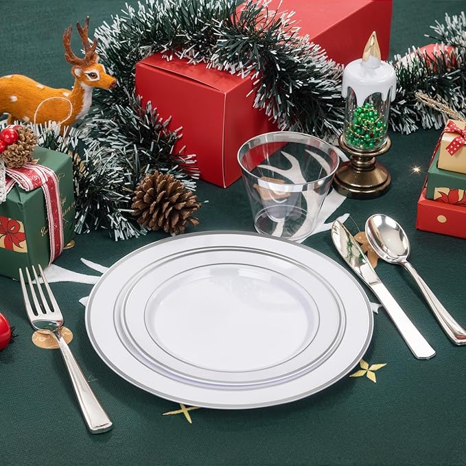 bUCLA 150-Piece Silver Disposable Dinnerware Set - White Plastic Plates with Silver Rim - Include 25 Dinner Plates, 25 Dessert Plates, 25 Forks, 25 Knives, 25 Spoons & 25 Cups for Party & Christmas