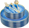 Rubtlamp 150Pcs Blue Plastic Plates, Gold Plastic Dinnerware Set For 30 Guest, Hammered Heavy Duty Plates with Gold Rim Include 30Dinner Platos, 30Salad Platos,90 Cutlery