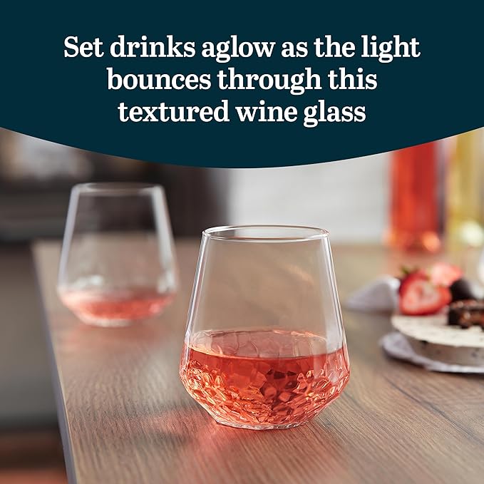 Libbey Hammered Stemless Wine Glasses Set of 8, 17-ounce, Dishwasher-Safe, Chiseled Textured Glassware Set, All Purpose Wine Glasses for Everyday Use