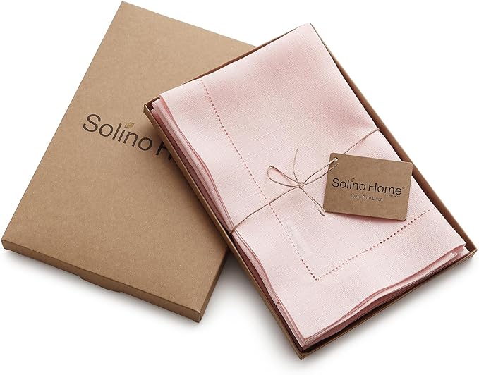 Solino Home Pink Linen Napkins Set of 6-100% Pure Linen Hemstitch Dinner Napkins 20 x 20 Inch for Valentines, Spring, Easter - Classic Hemstitch