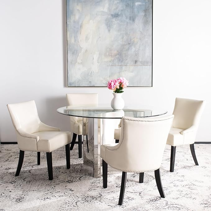 SAFAVIEH Home Collection - Lotus Flat Cream Faux Leather Dining Chair, Modern Nailhead Trim Accent Chair, Sturdy Black Legs (MCR4700B)