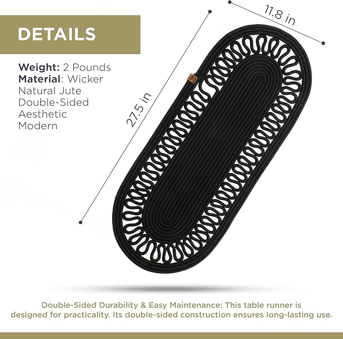 Oval Jute Table Runner | Woven Braided Dining Runner | Natural Textured Rattan Table Runner for Dining Table Coffee Table or Patio 11.8 x 27.5 (Black)
