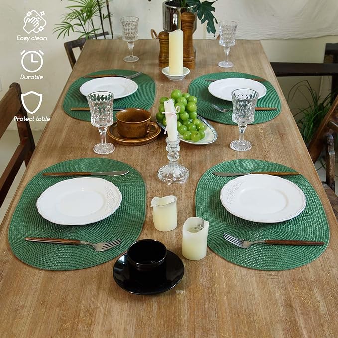 FunWheat Oval Braided Placemats Set of 8 Table Mats for Dining Tables Washable Heat Resistant Place Mats for Indoor Outdoor Use 12 x18 Inch(Oval Black Green, 8pcs)