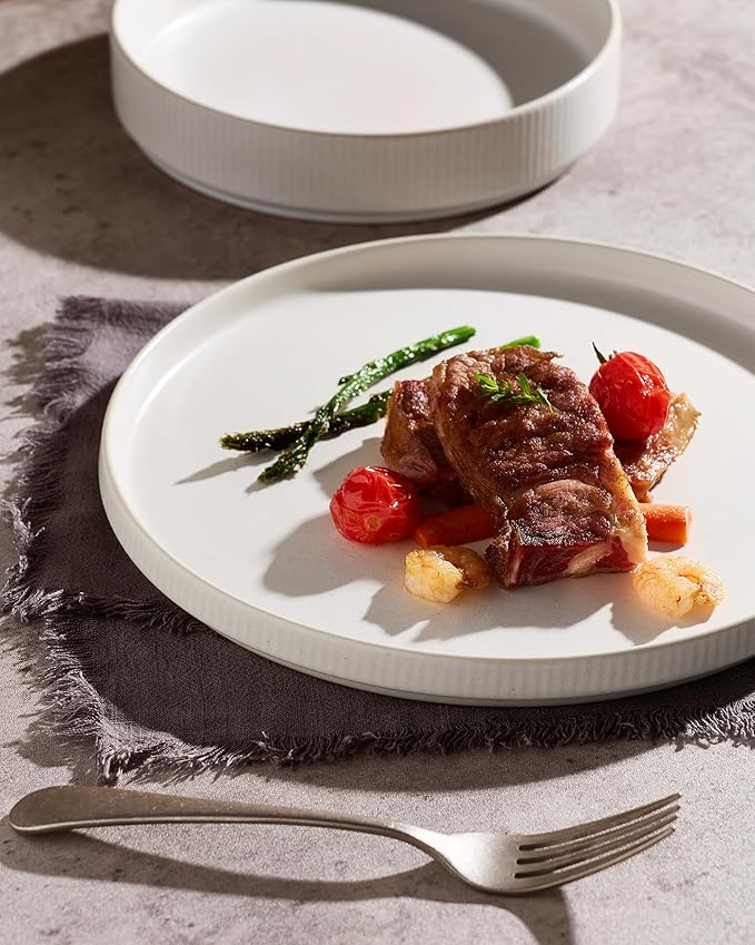 Famiware Star Dinnerware Set with Pasta Bowls, Service for 4 (16pcs), Ribbed Stoneware Plates and Double Bowls Dishes Sets - Chip & Scratch Resistant, Microwave & Dishwasher Safe, Matte White