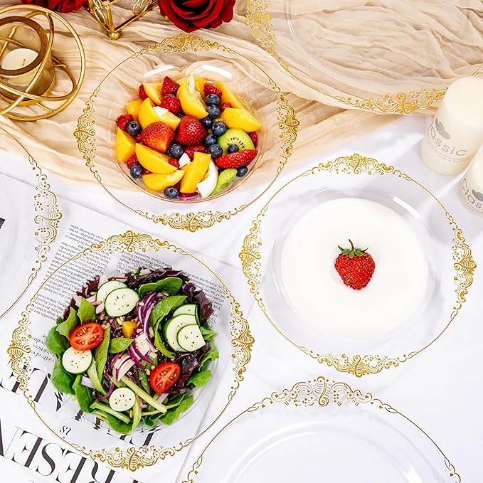 100PCS Clear Gold Plastic Bowls - 12 oz Clear Disposable Salad Bowls - Heavy Duty Disposable Soup Bowl - Fancy Plastic Ice Cream Bowl for Weddings, Parties, Dinners, Picnics,