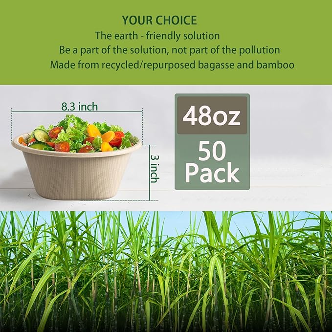 Homestockplus 32 Oz Deep Disposable Bowl, Paper Bowls Disposable Heavy Duty Compostable Bowls, Eco-friendly Sugarcane Bagasse Biodegradable Bowl for Soup, Salad, Dessert [50 Pack]