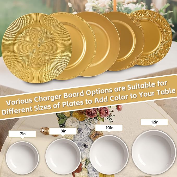 100 Pcs Gold Charger Plates Bulk, 13" Reusable Reef Serving Gold Chargers for Dinner Plates , Round Plastic Shiny Decorative Charger Plate for Wedding, Catering, Parties, Restaurant, Home Dinner Use