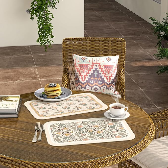 ISAENNE French Floral Rectangle PVC Placemats Set of 6, Waterproof and Heat-Resistant Place Mat,Decoration for Kitchen, Dining, Party,Holiday, New Year,12"*17"