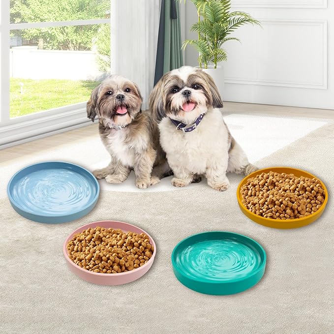 Silicone Dog Bowl Shallow Cat Food Bowls 7" Wide Puppy Plates Whisker Fatigue Pet Feeding Dishes Set of 2 for Dry Food and Wet Food Indoor (Round Yellow)