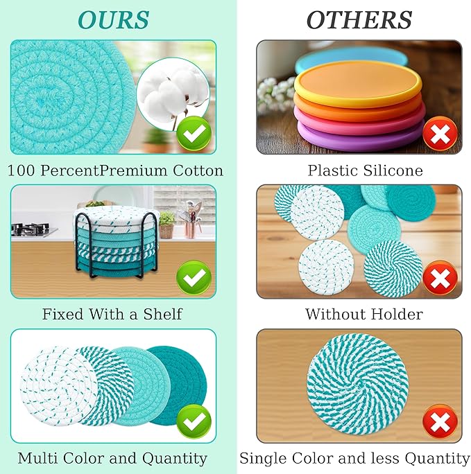 8 Pcs Drink Coasters, Minimalist Cotton Woven Coaster Set, 4 Colors Absorbent Coaster Protection Protection for Various Cups, Ideal for Coffee Tables and Home Decor Tabletop, 4.3 Inches