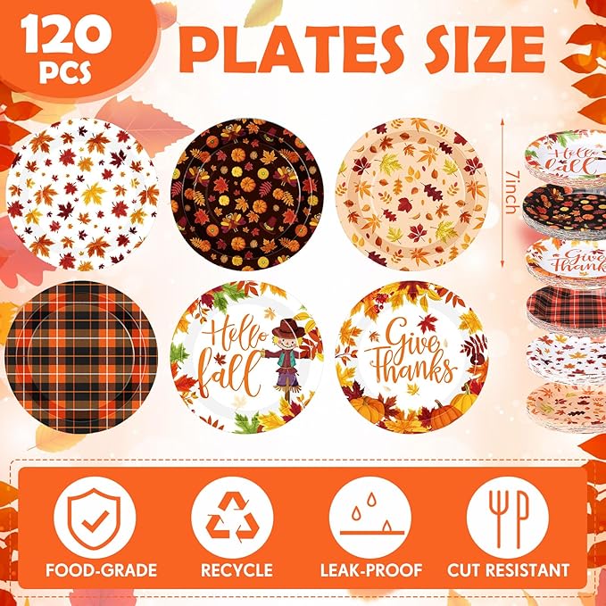 Umigy 120 Pcs Thanksgiving Paper Plates 7 Inch Hello Fall Dessert Plates, Fall Mable Leaves Dinner Disposable Tableware Harvest Party Dessert Tableware for Give Thanks Theme Autumn Thanksgiving Party