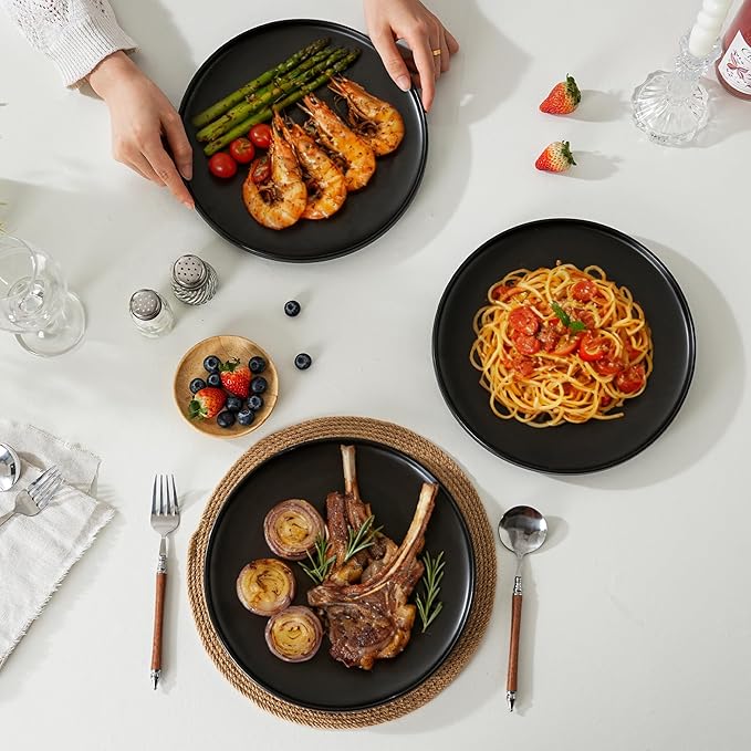 12 Piece Ceramic Dinnerware Set for 4, Modern Minimalist Stoneware Dinner Plates and Bowls, Microwave Safe, Dishwasher Safe, Versatile for All Seasons, Matte Black