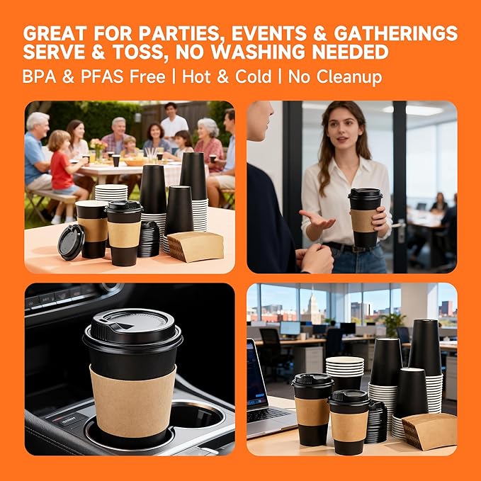 100 Pack 12 oz Disposable Coffee Cups with Lids and Sleeves, Sturdy Paper Cups for Hot/Cold Drinks, Leak-Proof To Go Coffee Cups with Lids for Home, Café, Events, Office, Black