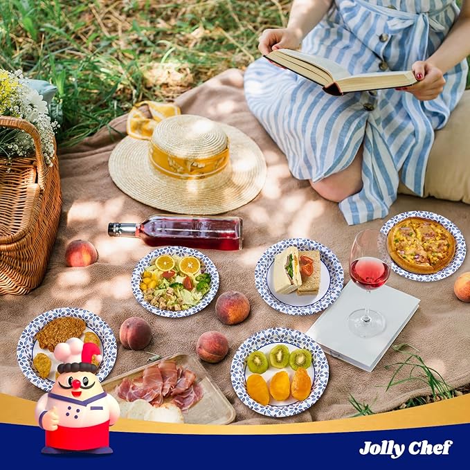JOLLY CHEF 10 inch Disposable Paper Plates 500 Count, Soak Proof, Cut Proof, Heavy Duty Paper Plates for Thanksgiving or Everyday Use