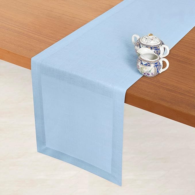 D'Moksha Homes Linen Powder Blue Table Runner 84 Inches Long - 100% Pure Linen 14 x 84 Inch Table Runner for Dining, Spring, Easter - Machine Washable