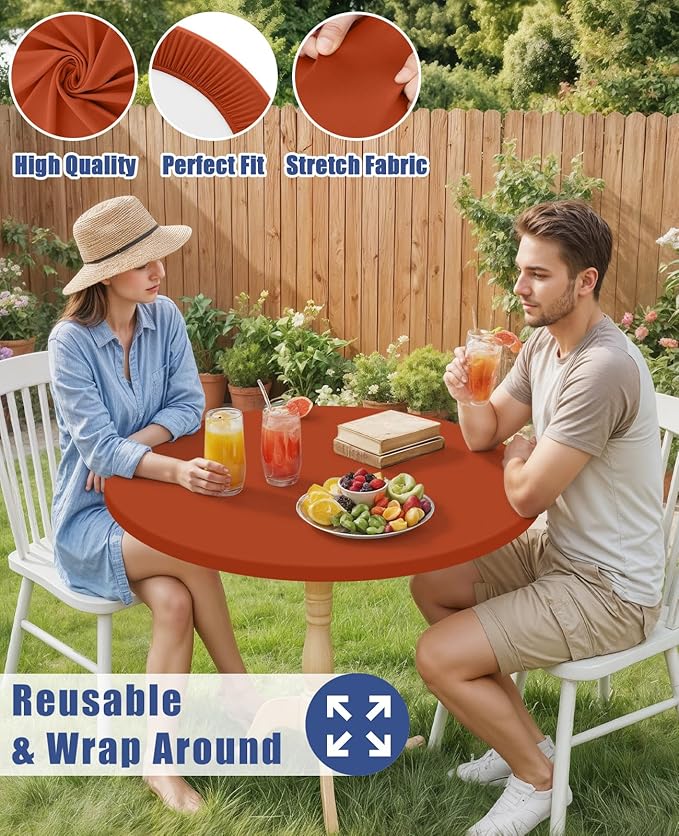 Round Spandex Tablecloth, Elastic Fitted Waterproof Tablecloths for 45"-56" Tables, Stretch Washable Picnic Table Cover for Camping, Dining, Indoor and Outdoor, Rust