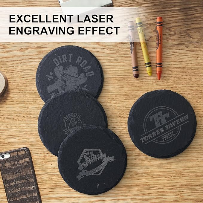 Slate Coasters Set of 6,4-Inch Black Round Stone Drink Coasters with Scratch-Resistant Backing, Durable Tabletop Protection for Home Office Kitchen, Ideal Housewarming Wedding Gifts