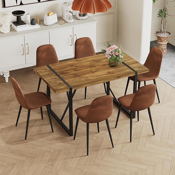 Dining Table Set for 6, Modern 55'' Dark Wood Dining Table and Fabric Dining Chairs Set of 6,Table and Chairs Set of 6,Ideal for Kitchen Dining Room