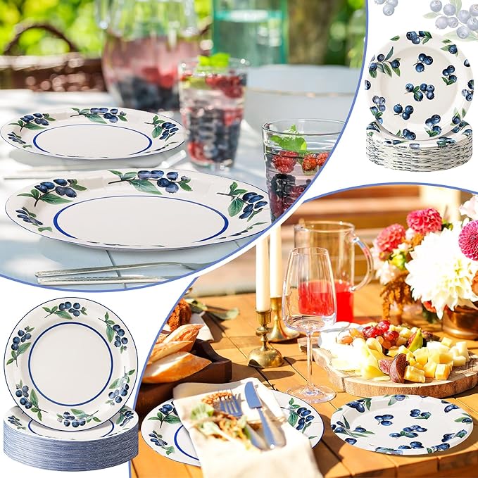 48 Pcs Blueberry Paper Plates Set Baby Shower 9" 7" Summer Watercolor Disposable Plates Decorative Dinner Plates Birthday Party Tableware for Party Supplies Decoration