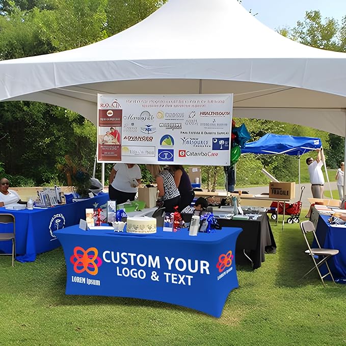 Personalized Table Cloth with Logo Image Customized Tablecloth 4FT/5FT/6FT/8FT Spandex Customized Table Cover Promotional Business Tradeshow Events Birthday Party Wedding (5FT Spandex(Open back))
