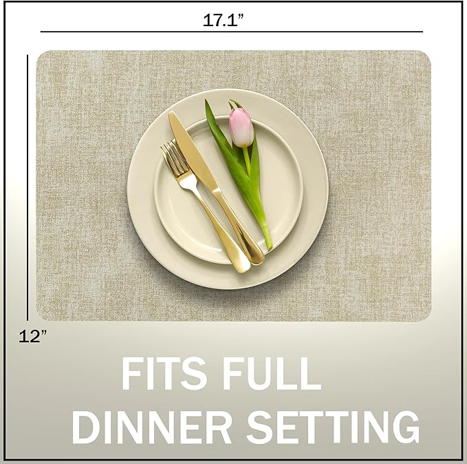 More Décor Faux Leather Placemats Set of 6 for Dining Table – Waterproof, Wipeable, Washable, Stain & Heat Resistant, Non-Slip Table Mats – 12 X 17 Inch, Beige