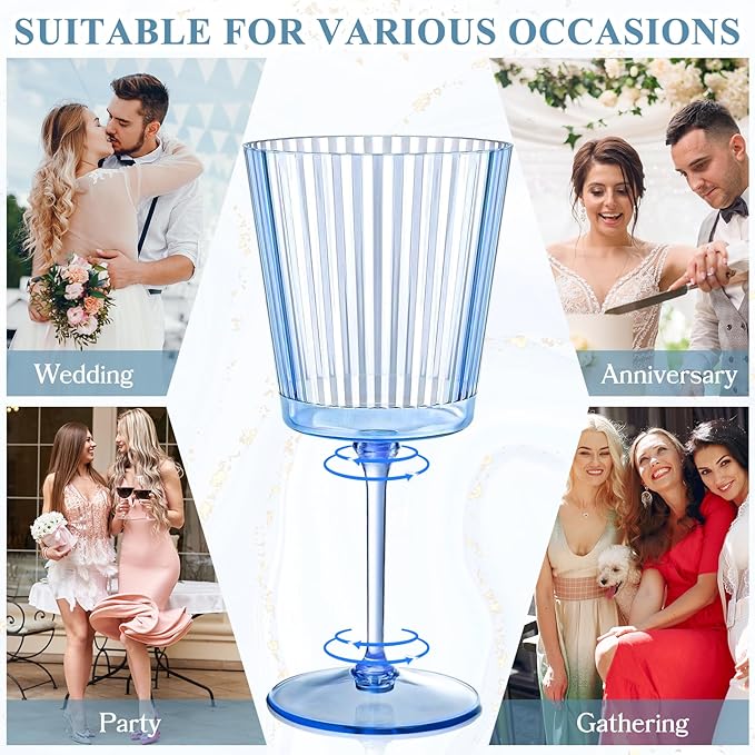 24 PCS Blue Ribbed Plastic Wine Glasses 13.5 OZ Ribbed Wine Glasses Detachable Wine Glass Elegant Fluted Glassware Vintage Style for Wedding Anniversary Birthday Dinner Parties(Blue, 24 Pack)