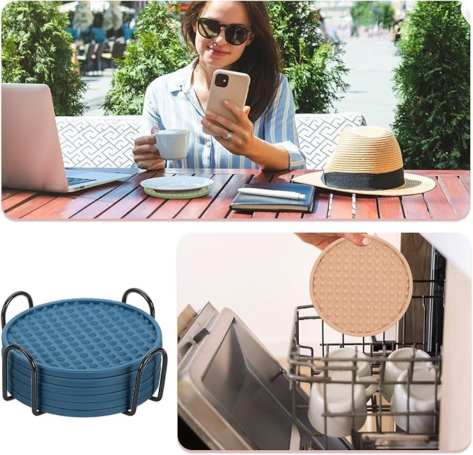 uxcell Set of 6 Round Drink Coasters with Holder, 4" Silicone Coaster for Drinks Non-Slip Cup Coaster Heat Resistant Glass Cushion for Bar Kitchen Office Decor, Navy Blue(Pentagon)