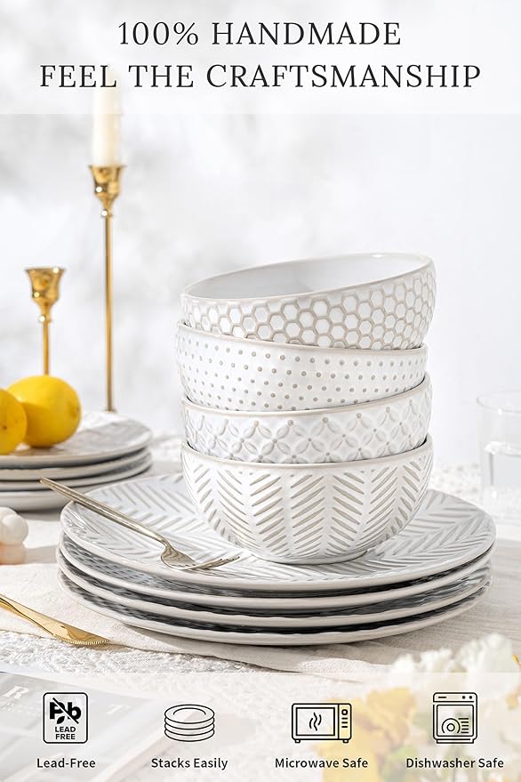 24-Piece Ceramic Dinnerware Set,Large Plates and Bowls Set for 6,Elegant Dish Set for Families & Entertaining–Microwave & Dishwasher Safe Tableware (Double Bowl)
