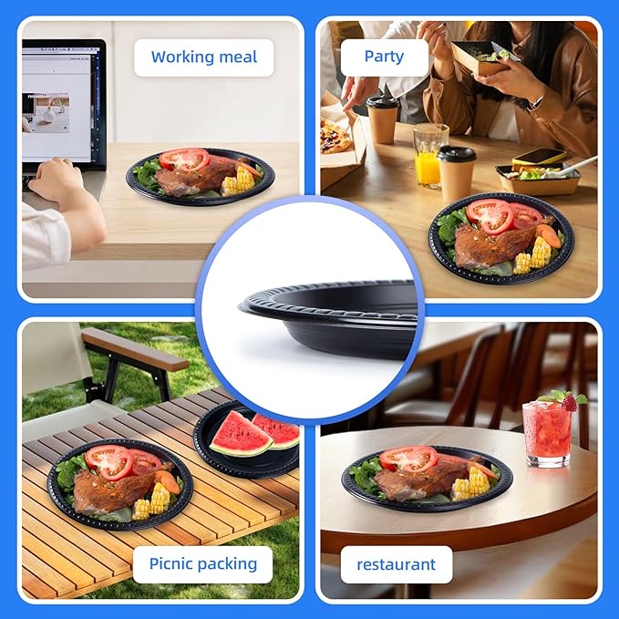 YANGRUI Plastic Plates BPA Free 9 Inch 150 Pack - Shrink Wrap Mineral Filled PP | Reusable Dishwasher Microwave Freezer Safe | Commercial Black Shatter-Resistant | Restaurant Heavy Duty Dinner Plate