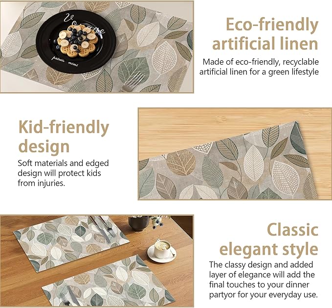 Boho Green Leaves Placemats Set of 6, Seasonal Summer Plastic Linen Washable for Christmas, Thanksgiving, Party, and Dining, Decorative Table Mats for 4-6 Person Table