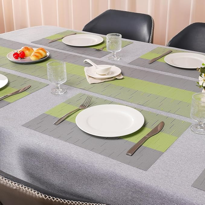 Placemats Set of 8, Vinyl Woven Place Mats Indoor Set of 8 Washable Wipeable PVC Table Mats Heat-Resistant Non Slip Placemat for Kitchen Dining Outdoor Table (Gray Grass Green, Set of 8)