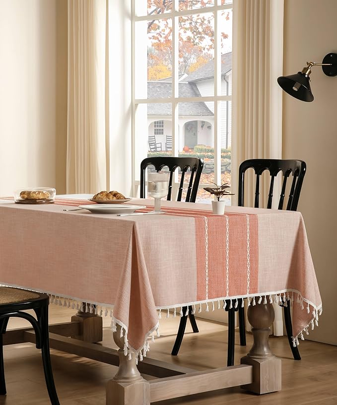 ZeeMart Contrast Linen Table Cloth Rectangle Table Cloths 52x70 Inch Orange, Farmhouse Style Heavy Weight Burnt Orange Fall Tablecloth, Water Resistant Burlap Tablecloths