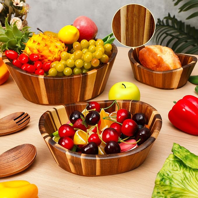 Yunlly Wooden Salad Bowl Set of 5 - Large Fruit Mixing Bowls with Salad Servers Utensils for Serving Dining Accessory - Handmade - Acacia Wood - Large 12", Medium 10", Small 8" (Wavy Design)