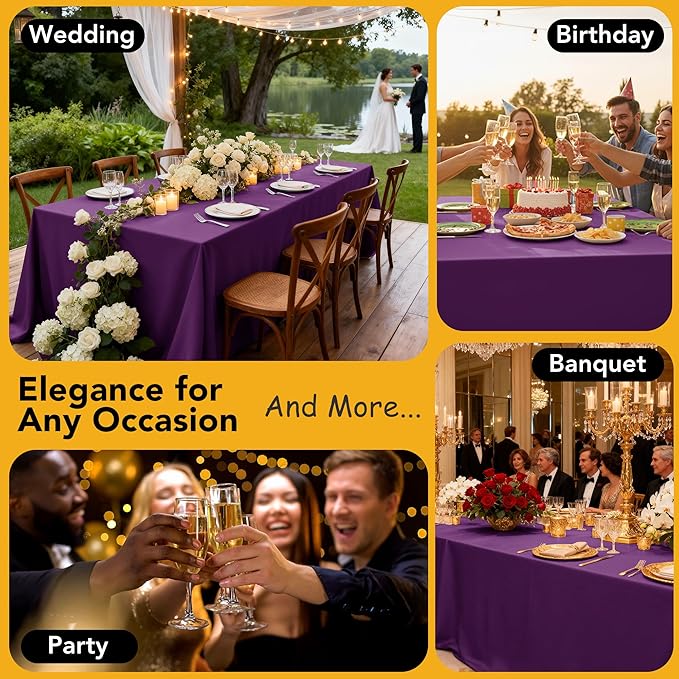 6-Pack Purple Tablecloths for Rectangle Tables, 90 x 156 Inches, Stain-Resistant Polyester Fabric for 8 Foot Tables - Washable Table Covers for Weddings, Banquets, Birthday Parties, Events