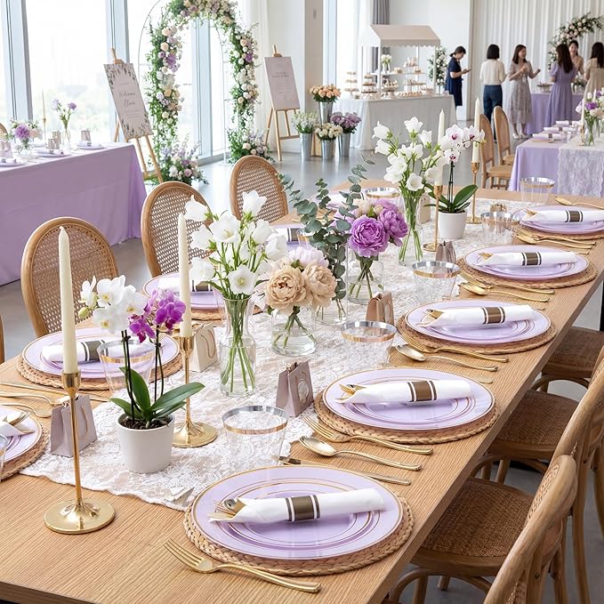 350PCS Purple Plates Disposable - Purple Plastic Plates 50Guests Lavender Disposable Dinnerware Sets with Rolled Napkins for Wedding/Birthday/Baby Shower/Easter
