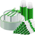 SUT 175 Pcs Green and Clear Plastic Dinnerware Set for 25 Guests, Include: 25 Dinner Plates, 25 Dessert Plates, 25 Pre Rolled Napkins With Silverware, 25 Cups, Disposable Plates for Party