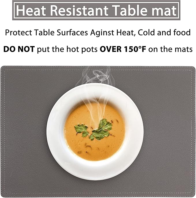 Set of 4 Faux Leather Placemats, PU Table Mats, Waterproof, Stain Resistant, Heat Resistant, Non-Slip Easy to Clean for Kitchen Dining Table,Conference Table C Grey Rectangle