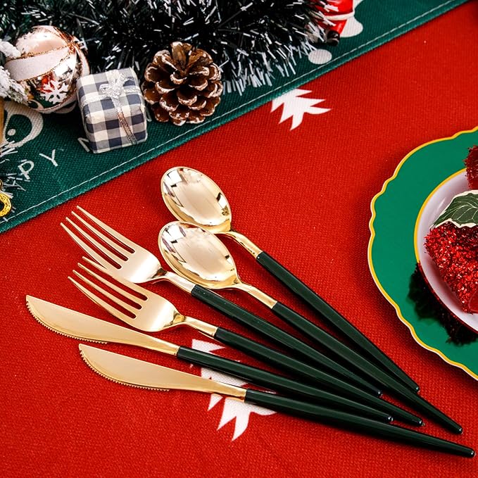 WDF 30Guest Christmas Plates Disposable - Gold Plastic Silverware With Green Handle - Baroque Green &Gold Plastic Dinnerware for Wedding Birthday Party St. Patrick’s Day