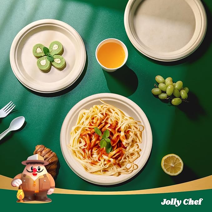 JOLLY CHEF Compostable Heavy Duty Plates 𝟭𝟬 𝗜𝗻𝗰𝗵 [𝟭𝟮𝟱 𝗣𝗮𝗰𝗸] Eco-Friendly Disposable Paper Plates Natural Bagasse Biodegradable Sugarcane Bulk for Party Hot Cold Dinner Christmas (Brown)