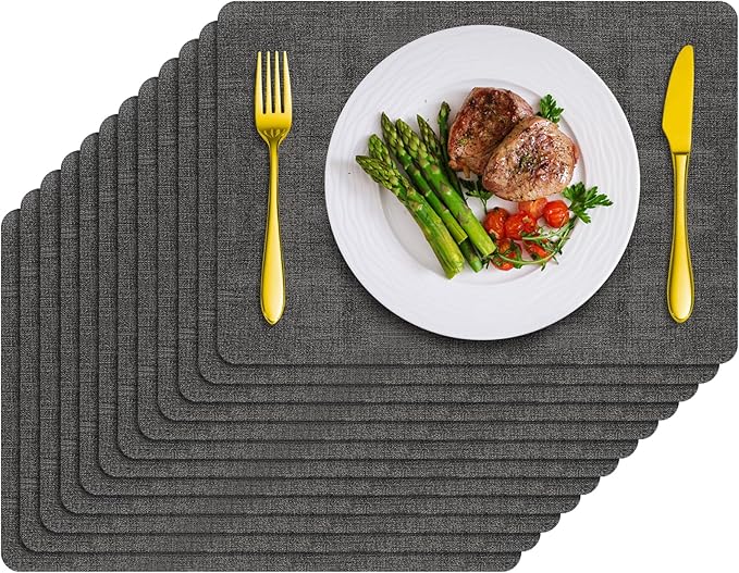 Placemats Set of 12 Washable, Heat Resistant Table Placemats Wipeable Faux Leather Place Mats Non Slip, Waterproof Square Table Mats for Indoor Outdoor, Charcoal Gray