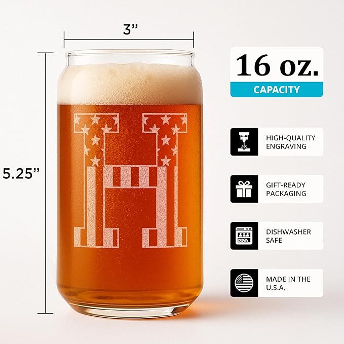 Monogram Beer Glasses for Men (A-Z) 16 oz - Beer Gifts for Men Brother Son Dad Neighbor - Unique Gifts for Him - Personalized Drinking Gift Beer Glass Mugs - Engraved Beer Can Glass (H)