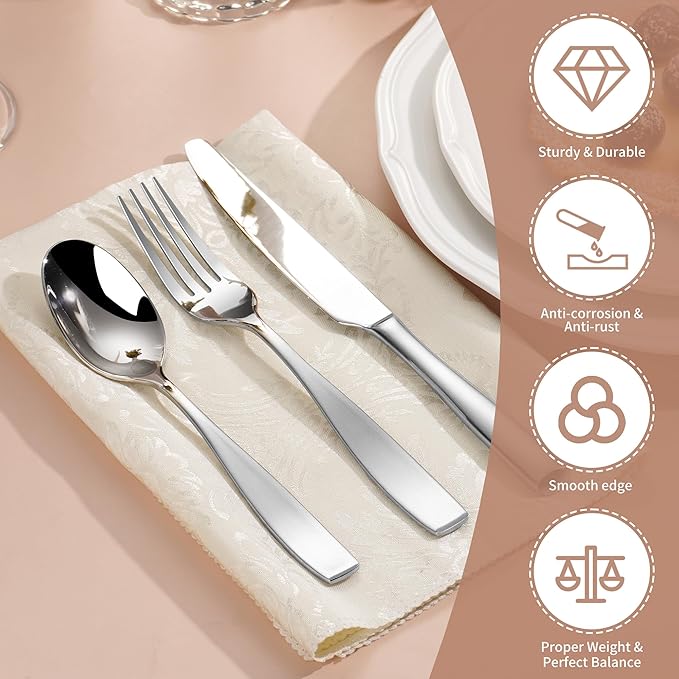 60-Piece 18/10 Stainless Steel Flatware Set for 12, Heavy Duty Silverware Set, High End Flatware, Dishwasher Safe, Ideal for New Home Essentials Gift