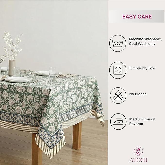 ATOSII Jade 100% Cotton Boho Rectangle Summer Tablecloth, Block Print Floral Table Cloth Linen for Dining, Parties, Weddings, Outdoors Table Decor I 60 X 90 Inches I 6 Seater I