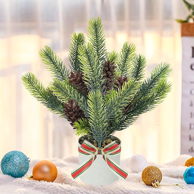 4PCS Christmas Potted Plant, Tabletop Small Christmas Tree with Pine Cones Fake Plants Christmas Greenery for Table Centerpeice Home Office Bathroom Farmhouse Decoration