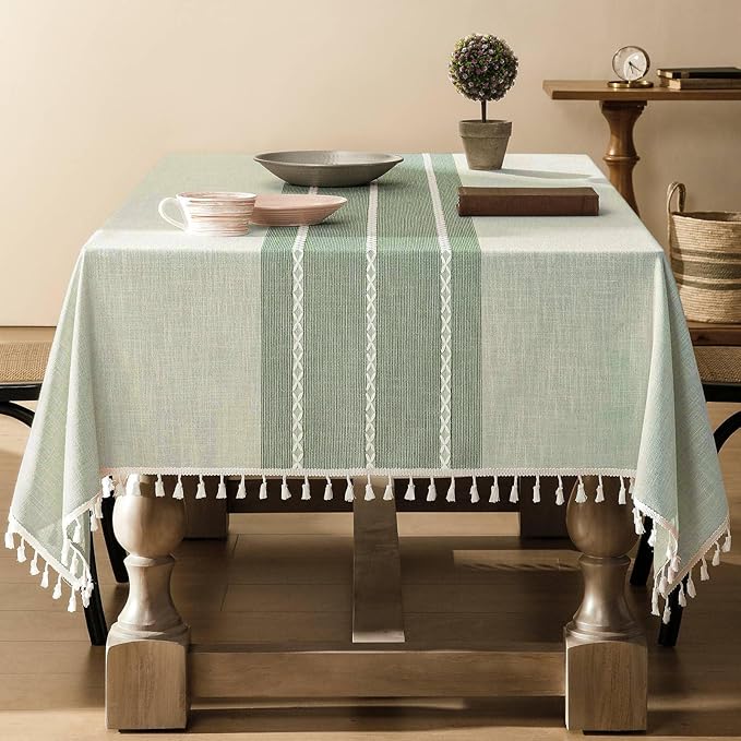 ZeeMart Contrast Linen Table Cloth Rectangle Table Cloths 52x70 Inch Green, Farmhouse Style Heavy Weight Sage Green Tablecloth, Water Resistant Burlap Tablecloths