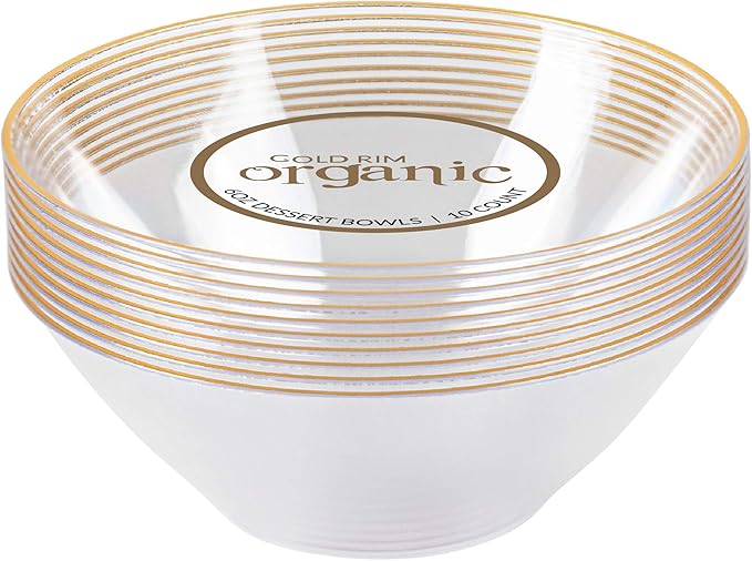 [6 OZ 40 Count] Clear Plastic Organic Design Party Dessert bowls With Gold Rim Premium heavyweight Elegant Disposable Tableware Dishes