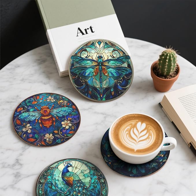 Insect Coasters Leather Round Drink Coasters 6 Pcs Set with Holderor for Cup Drink Coffee Table Bar Home Decor