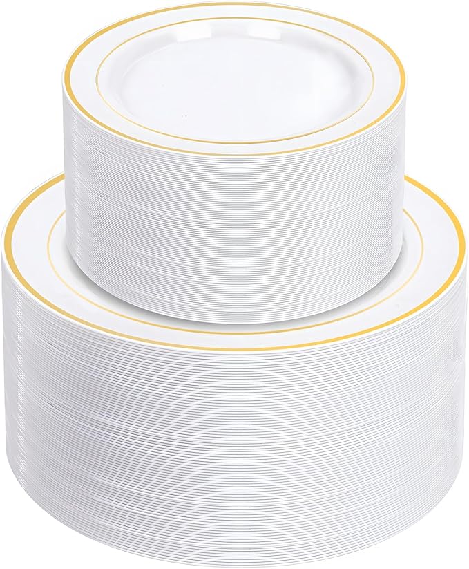 NOCCUR 200PCS Gold Plastic Plates - 100 Dinner / 100 Dessert Disposable Plates Heavy Duty - Ideal for Wedding/Party/New Year