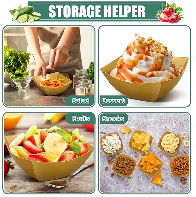 Sliner 100 Pcs Square Plastic Bowls 8 oz Plastic Serving Bowls Disposable Chip Containers for Parties Snack Fruit Candy Containers for Candy Buffet Salad Bar Buffet Party Supplies (Gold)