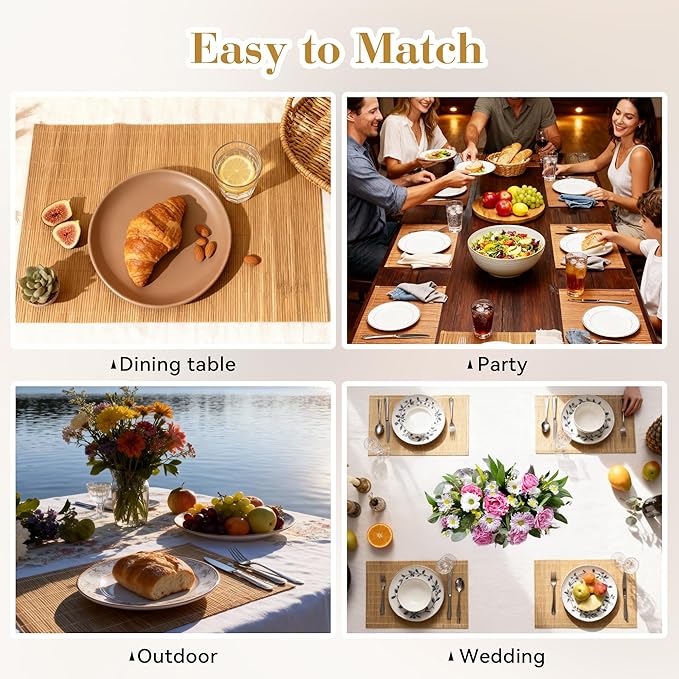 6-Pack Bamboo Placemats,Woven Heat-Resistant Rectangular Table Mats, Natural Dining Place Mats, Rustic Japanese Style Wood Mats for Indoor Dining, Kitchen and Party Use, Coffee